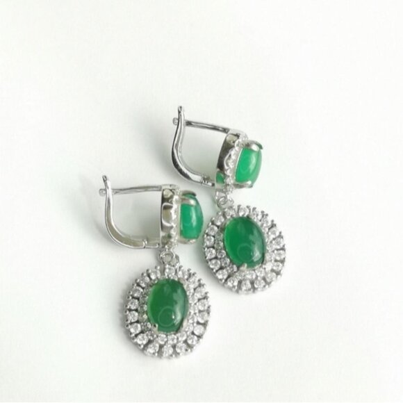 Green Chalcedony White Sapphire Halo Earrings Sterling Silver  Leverback - Picture 7 of 7